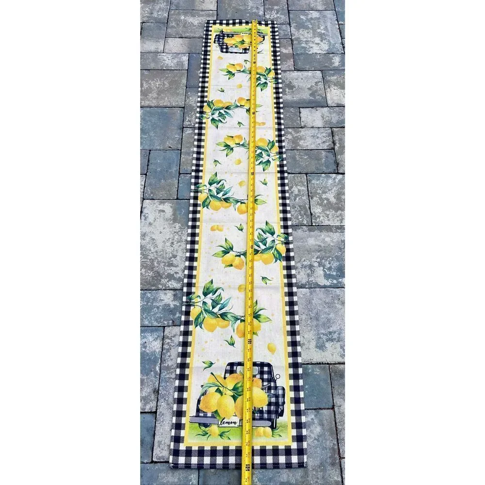 Meyer Lemons Gingham Black & White Border, Cottagecore Table Runner 65x13 in.